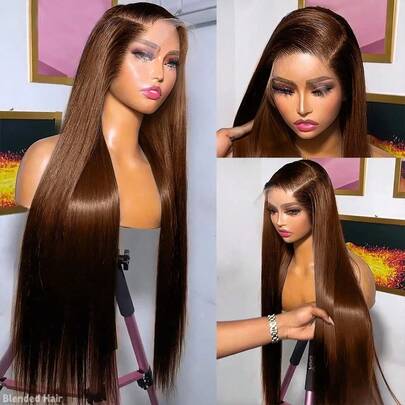 直发蕾丝前假发，真人混纺发丝，200%密度，13x4透明高清蕾丝假发，无胶假发，8-34英寸长，棕色直发，巴西真人发蕾丝假发，女士专用，预先拔毛发际线，带婴儿发，配有弹性发带，自然色，8-34英寸