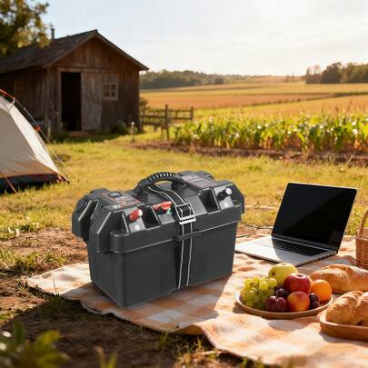 RibasuBB Large Multi-Function Battery Box With Dual USB Ports And Voltage Monitor, Portable Power Solution For Boats, Caravans, And Campers