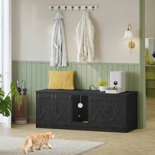 HEXCELEN Cat Litter Box Enclosure With USB Ports & Power Outlets, 55.2" Hidden Litter Box Furniture For 2 Cats, Indoor Cat House With Cat Bell, Farmhouse Style, Black - Xem 1