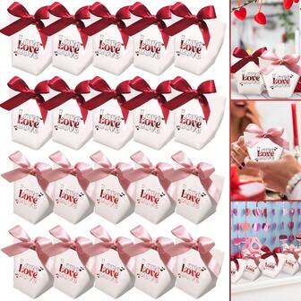 10 Pcs Valentines Gift Boxes With Ribbon Love Print Paper Treat Boxes Small HeartGift Wrapping Box For Valentine's Day Wedding Bridal Shower Party Favor Supplies