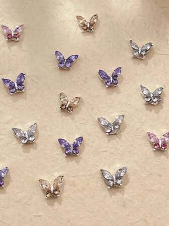 10 st mini metall strass fjäril nagelkonst dekorationer, 3D rosa, champagne, vita diamanter, lämplig för akrylnaglar och korta naglar, nagelsmycken och fjäril DIY nageltillbehör