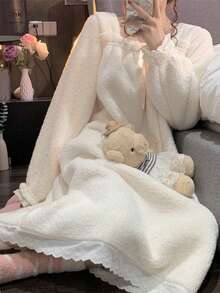 Timetallking [Pajama Specialty Store] Super Warm, Fluffy, Fleece-Lined Nightgown, Cute Loungewear, Flannel, Princess Style, Warm, Fluffy, Loungewear, Soft, Thick Pajamas For Fall/Winter - trắng - Xem 7