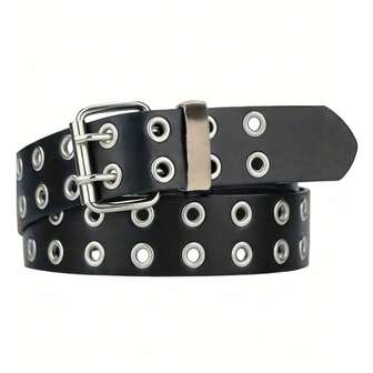 1 pieza Cinturón de mujer con doble ojal, estilo punk, color negro, casual y versátil