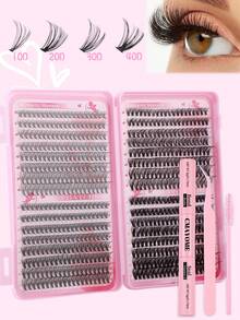 640片独立睫毛簇，D卷度10D+20D+30D+40D+50D+60D+80D+100D，10-16毫米混合DIY睫毛簇，自然纤长、浓密持久，DIY睫毛嫁接套装，含胶水、封口剂和镊子，适合初学者在家或外出使用，适用于日常生活、派对和音乐节等场合。睫毛簇套装，睫毛，假睫毛，假睫毛