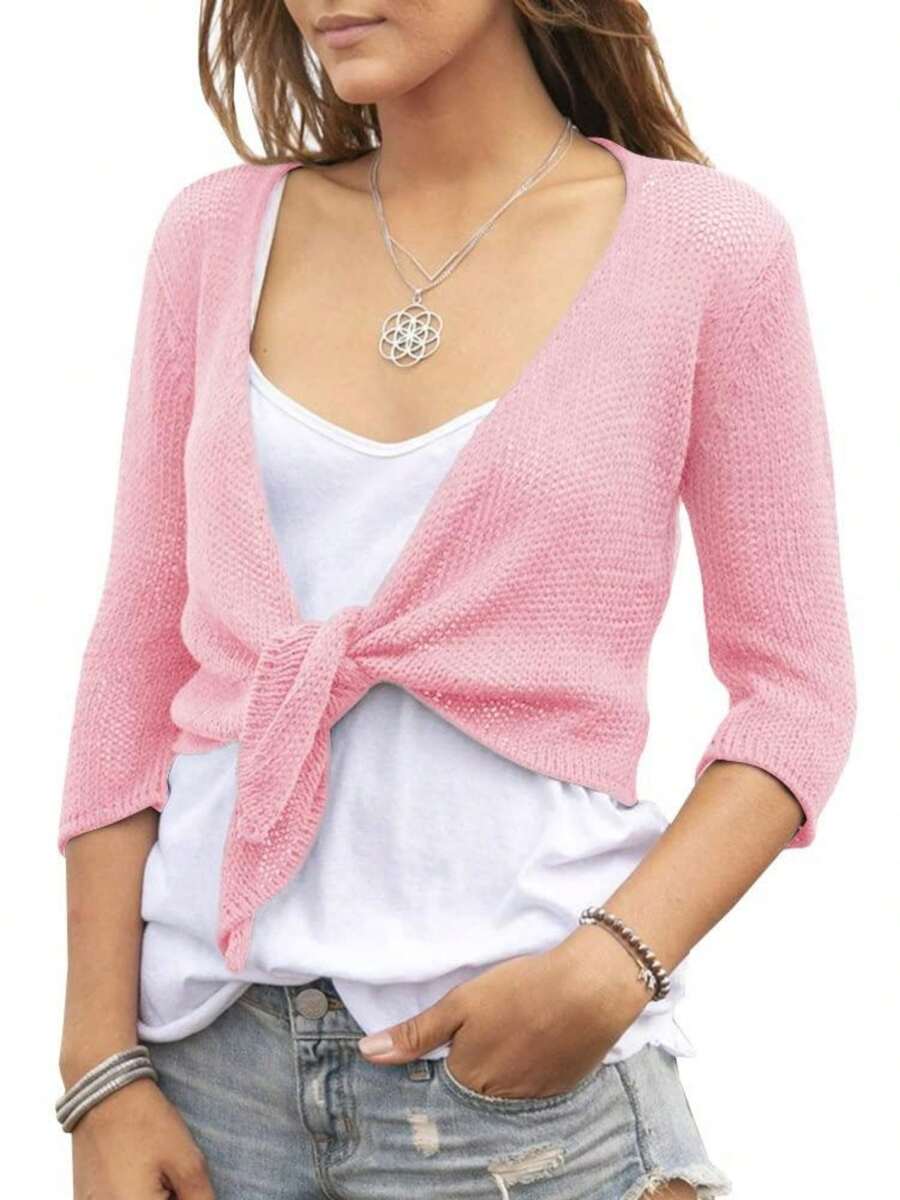 Women Tie Front Shrug 3/4 Sleeve Sheer Bolero Knotted Lightweight Cardigan For Women Tops Women Fall Outfits - 淺粉色 - 查看 1