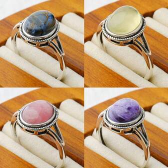 Fashionable Minimalist 925 Sterling Silver Ring Inlaid With 10*8mm Natural Black Agate/Red Jasper/Amethyst, Adjustable Size For Men And Women, Daily Accessory