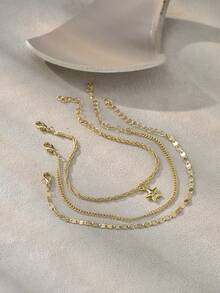 Nooxian 3pcs/Set Fashionable Minimalist Multi-Layer Gold-Tone Bracelet, Elegant & Charming Gold Star Pendant Multilayer Bracelet For Women, Summer - Yellow Gold - View 4