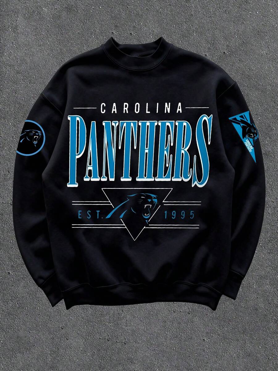 CAROLINA PANTHERS Font Multi Print 250g High Quality Men S Crewneck Sweatshirt American Retro Outdoor Long Sleeve Sports Top Casual Daily Wear For Spring, Autumn Winter Clothing Gift For Friends Family On Holidays - 黑色 - 查看 1