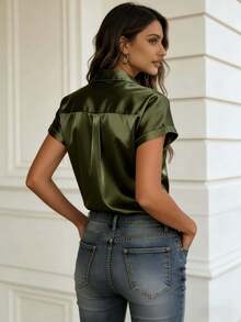 Women's Satin Short Sleeve Shirt, Button Front, Collared Blouse, Regular Length, Polyester Non-Stretch Sheer Fabric, Military Green Summer - Dark Green - View 3