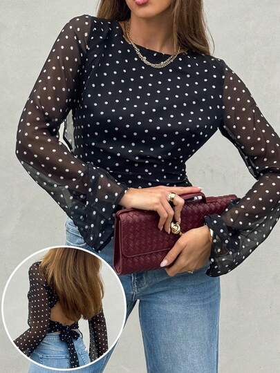 女士波点半透明喇叭袖圆领时尚露背蝴蝶结衬衫，适合春夏穿着