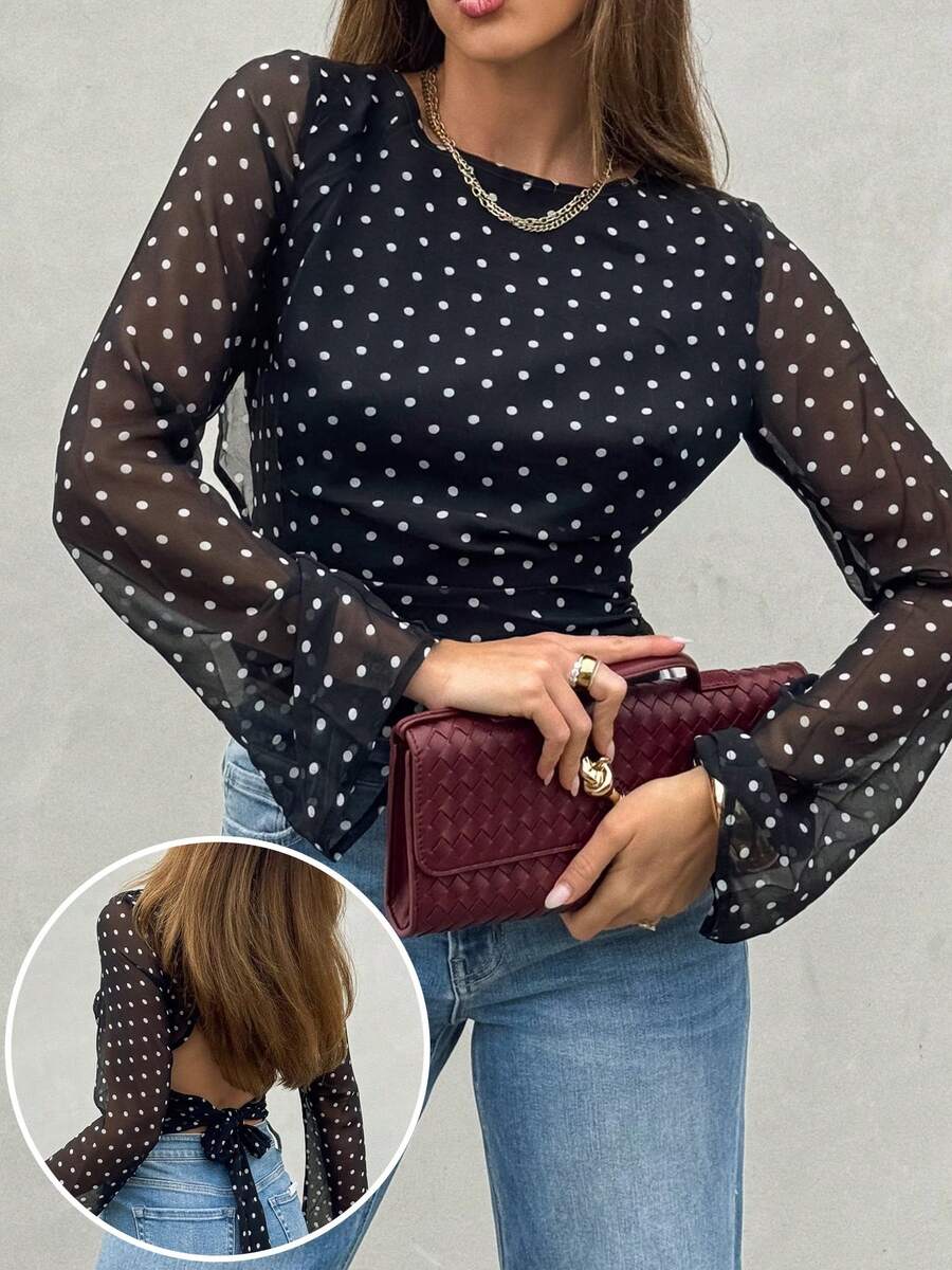 女士波点半透明喇叭袖圆领时尚露背蝴蝶结衬衫，适合春夏穿着 - 黑色 - 查看 1