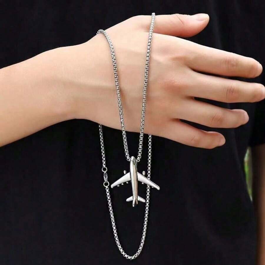 1pc Men's Stainless Steel Chain, Airplane Pendant Hip Hop Sweater Chain Christmas New Year Valentine's Day Holiday Gift - Bạc - Xem 1