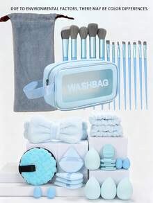 NEFOUME 35件套化妆套装，包含防水洗漱包+8个化妆海绵（8个水滴形/圆形/锥形），1对防溅腕带+蝴蝶结发箍，13支化妆刷及天鹅绒收纳袋