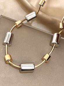 Two-Tone Gold & Silver Cylinder-Link Statement Necklace - Sleek Geometric Design, Bold Daily Casual Jewelry For Stylish Looks,Unisex,Valentine's Day Gift, Men's Necklaces, Stainless Steel Chains - Multicolor - View 3