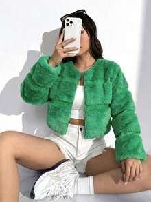 Women Faux Fur Coats - Green - View 4