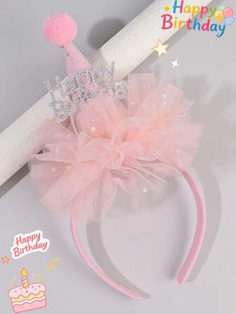 1 pieza Diadema de cumpleaños feliz para niñas, sombrero de fiesta rosa en forma de diadema, adornado con tul en forma de círculo, estampado de estrellas brillantes, accesorio para el cabello adorable para fiestas de cumpleaños para adolescentes