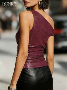 DONICY Top plissé épaules dénudées en faux cuir imprimé serpent bordeaux pour femmes. Style élégant pour les sorties, la Saint-Valentin, les fêtes