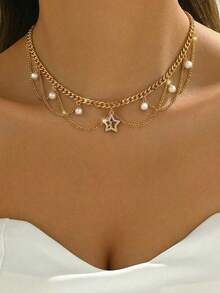 1件时尚星月水钻吊坠项链，配金色流苏链，适合日常、约会、派对等场合。 - 彩色 - 查看 4