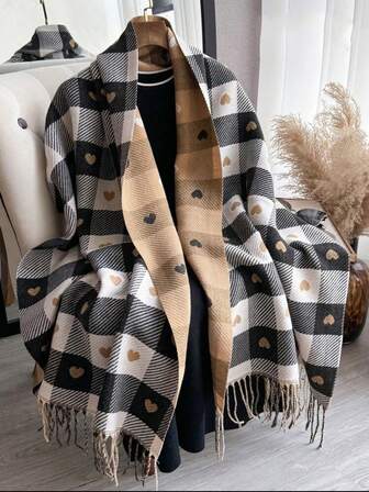 1pc Autumn/Winter New Plaid Heart Pattern Faux Cashmere Scarf, Versatile Warm Tassel Shawl For Women