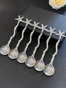 2 piezas Juego de cucharas de estrella de mar dorada y plateada - Perfecto para bodas en la playa y postres de fiesta - Elegante cuchara de café y cuchara de té - Multicolor - Ver 4