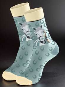 1 Pair Of Whimsical Horse & Horseshoe Printed Mid-Length Socks - Elastic & Comfortable Polyester Spandex Blend Socks With Soft Mint Accents, Cute Equestrian-Themed Socks, Top Choice For Horse Enthusiasts