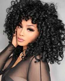 Big Curly Wigs For Women Brown 14 Inch Short Curly Wig With Bangs Soft Afro Kinky Curly Synthetic Wig For African American Women - màu đen - Xem 1