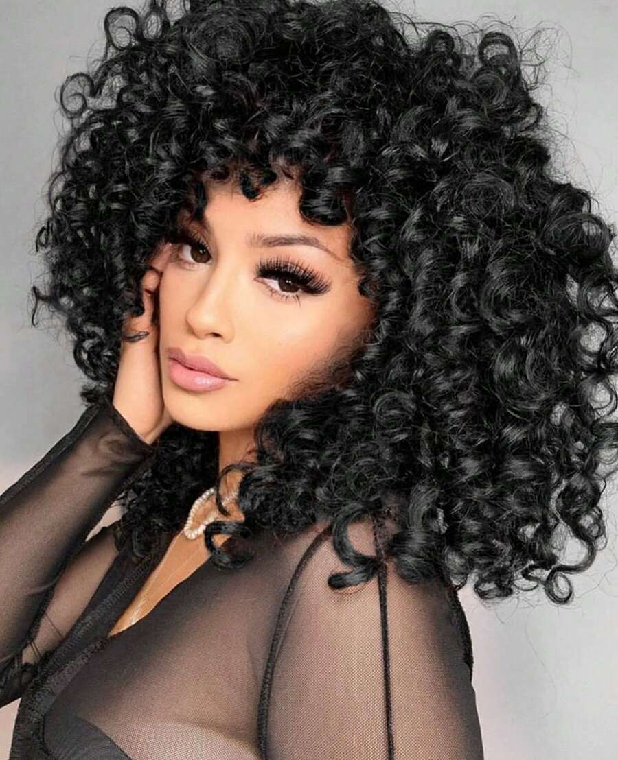 Big Curly Wigs For Women Brown 14 Inch Short Curly Wig With Bangs Soft Afro Kinky Curly Synthetic Wig For African American Women - màu đen - Xem 1
