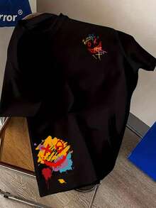 1 pieza Camiseta de cuello redondo de manga corta con estampado de cara sonriente casual para niños, ropa de verano para estudiantes jóvenes - Negro - Ver 6