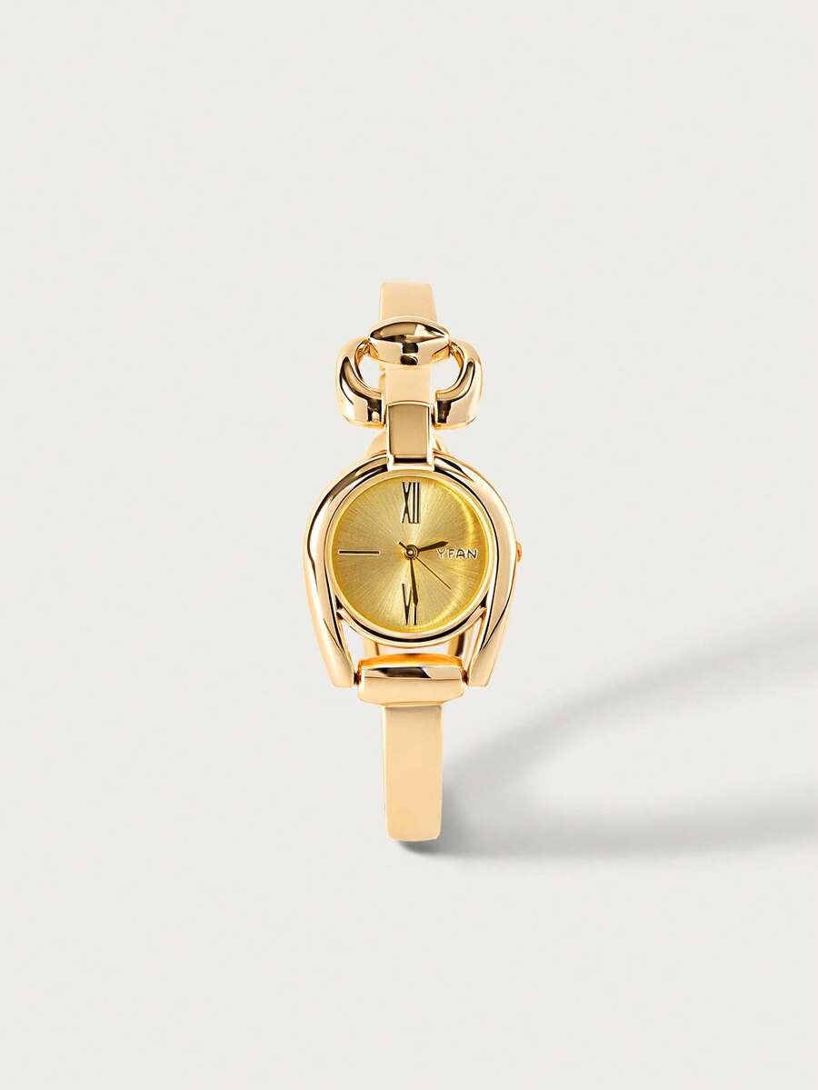 1pc Golden Women's Simple Horseshoe Shaped Watch Case, Colorful Dial, Metallic Alloy Watchband, Fashionable Quartz Watch For Daily Wear As A Gift For Students Returning To School - Gold - View 1