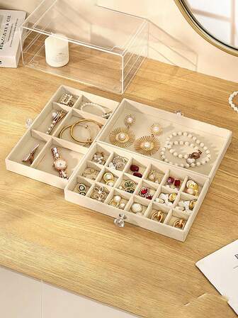 1pc 5-Tier/3-Tier Velvet Jewelry Box, Necklace Earring Ring Jewelry Storage Box, Gift For Women And Girls, Large Capacity Portable Jewelry Organizer, Bathroom Storage Box, Desktop Drawer Organizer, Stackable Jewelry Box, Drawer Style Jewelry Box, Ring Earring Organizer, Acrylic 3-Layer Velvet Jewelry Box