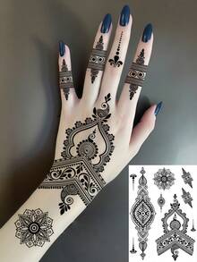 4张海娜临时纹身贴纸，性感手部纹身，黑色海娜纹身，开斋节礼物，防水曼陀罗曼海蒂模板，适用于节日、婚礼、派对、斋月装饰，女士适用 - 黑色 - 查看 3