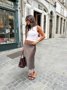 Women Summer Midi Skirts Casual Elegant Dots Print Classic Fit Long Skirts For Beach Vacation Club Streetwear - Màu Khaki - Xem 2