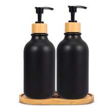 单包装黑色皂液器，浴室洗手液和洗洁精两用，带竹制按压泵；16盎司厨房塑料皂液器和乳液瓶套装；可重复灌装液体皂液器瓶 - 黑色 - 查看 3