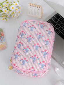 Double Layer Large Capacity Digital Storage Bag, Foam Quilted Charger Organizer, Floral Pattern, Electronic Cable Management Storage Bag - Multicolor - View 8