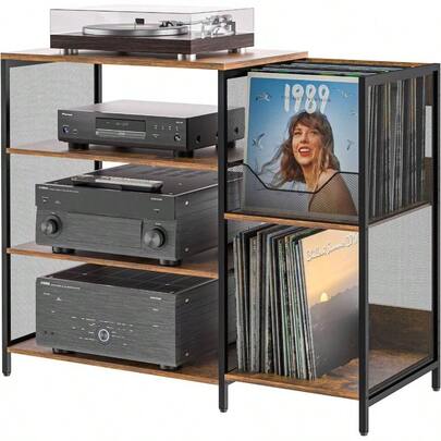 Large Record Player Stand Table With Vinyl Record Holder Up To 150PCS, AV Media Stand Stereo Cabinet Shelf Rack Tower With Storage, Sturdy, Adjustable Feet, Rustic, Large Capacity