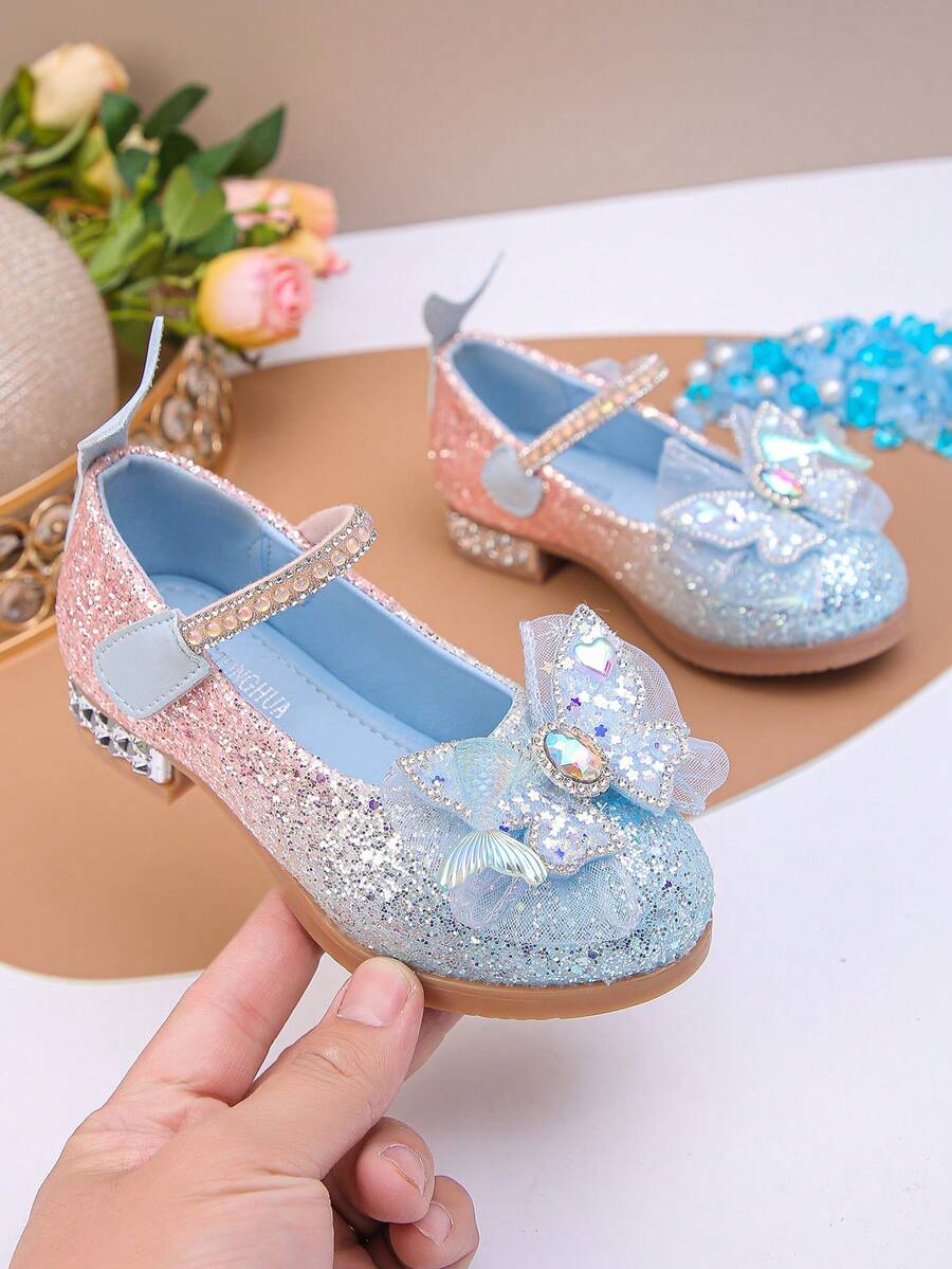 Girls' Mary Jane Flat Shoes, Shiny Low Heel Flower Wedding Party Shoes, Suitable For Toddler/Big Kids - Blue - View 1