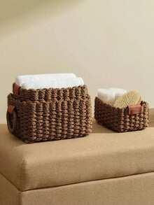 Bộ 3 giỏ đan (nhỏ + vừa + lớn), giỏ đan bằng dây giấy có tay cầm, giỏ quà trang trí dễ thương, hộp đựng đồ dùng cho ngăn kéo tủ, phòng ngủ, phòng khách, ký túc xá, bàn làm việc, trang trí phong cách mộc mạc, giỏ phong cách Boho tái sử dụng đựng văn phòng phẩm, quần áo, đồ chơi, mỹ phẩm. - màu nâu - Xem 5