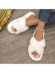 Women's Plush Cross-Strap Slippers, Open-Toe Slippers, Warm Cotton Slippers For Home Wear, Available In Burgundy, Khaki, Pink, White, And Coffee Colors. - trắng - Xem 3