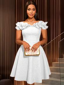 Women Valentine Elegant White Off Shoulder Ruffled Sleeves A Line Dresses Wedding Guest Formal Occasions - White - View 2