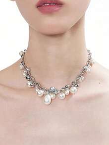 双层珍珠项链，简约水滴吊坠项链，高端锁骨链饰品设计，女士款 - 彩色 - 查看 2