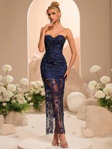 Đầm cocktail thanh lịch không dây vai, eo cao, hở lưng, buộc dây, thích hợp cho tiệc tùng, hẹn hò, dạ hội tốt nghiệp, tiệc chiêu đãi và các dịp trang trọng (Họa tiết hoa ngẫu nhiên) - Màu xanh hải quân - Xem 3