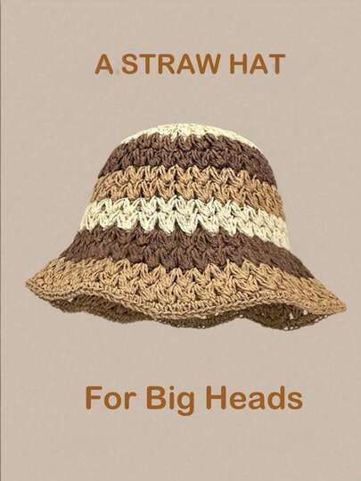 1pc Unisex Brown Striped Straw Hat - Essential For Spring/Summer, Suitable For Beach, Travel And Vacation Wear. Casual And Fashionable Holiday Style Design With Sophisticated Brown Contrast Stripes.