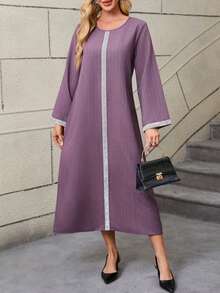 Vestido árabe de mujer talla grande con patchwork de rayas, botones, encaje y cinta - Púrpura malva - Ver 3
