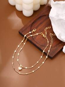 Nooxian 2pcs/Set Heart Micro-Inlaid Cubic Zirconia Layered Anklet, Minimalist Women Foot Jewelry Gift - Yellow Gold - View 2