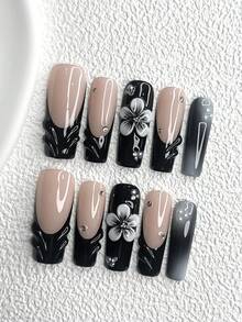 10pcs Luxury French Manicure Nail Sticker Set, Acrylic Nail Kit, Hand-Painted 5-Petal White Sculptural Flowers, Black Flower Center Inlaid With Rhinestones, White & Silver Small Round Rhinestones, Solid Color Water Wave Nail Art Decor, Ink Painting Design, Black Nail Polish Nails Nail Supplies Handmade Press On Nails - Nhiều màu - Xem 4