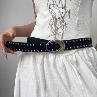 1 st. retro Mila Rae-bälte med nitar och dekor i PU-läder för kvinnor, modeaccessoar lämplig för byxor och klänningar