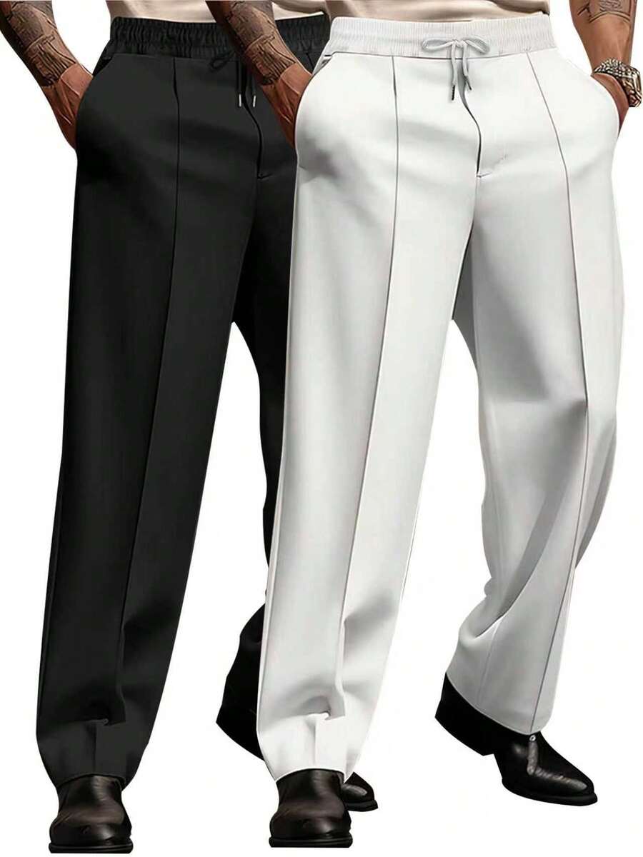 EXARUS 2-Pcs Men's Classic Commuting Trousers, Elastic Waist With Drawstring Casual Straight-Leg Pants, Business Draped-Feel Long Pants, Minimalist Wardrobe Zero-Restriction Trousers. - Trắng + Đen - Xem 1