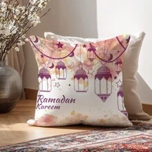 1pc Ramadan Kareem Minimalist Moon Lantern Illustration Cushion Cover, Single-Sided Soft Peach Velvet Fabric, 45*45CM Pillow Sham Suitable For Room Decor, Indoor Living Room Sofa Decoration, Party Decor, Decorative Pillow Gift - Multicolor - View 3