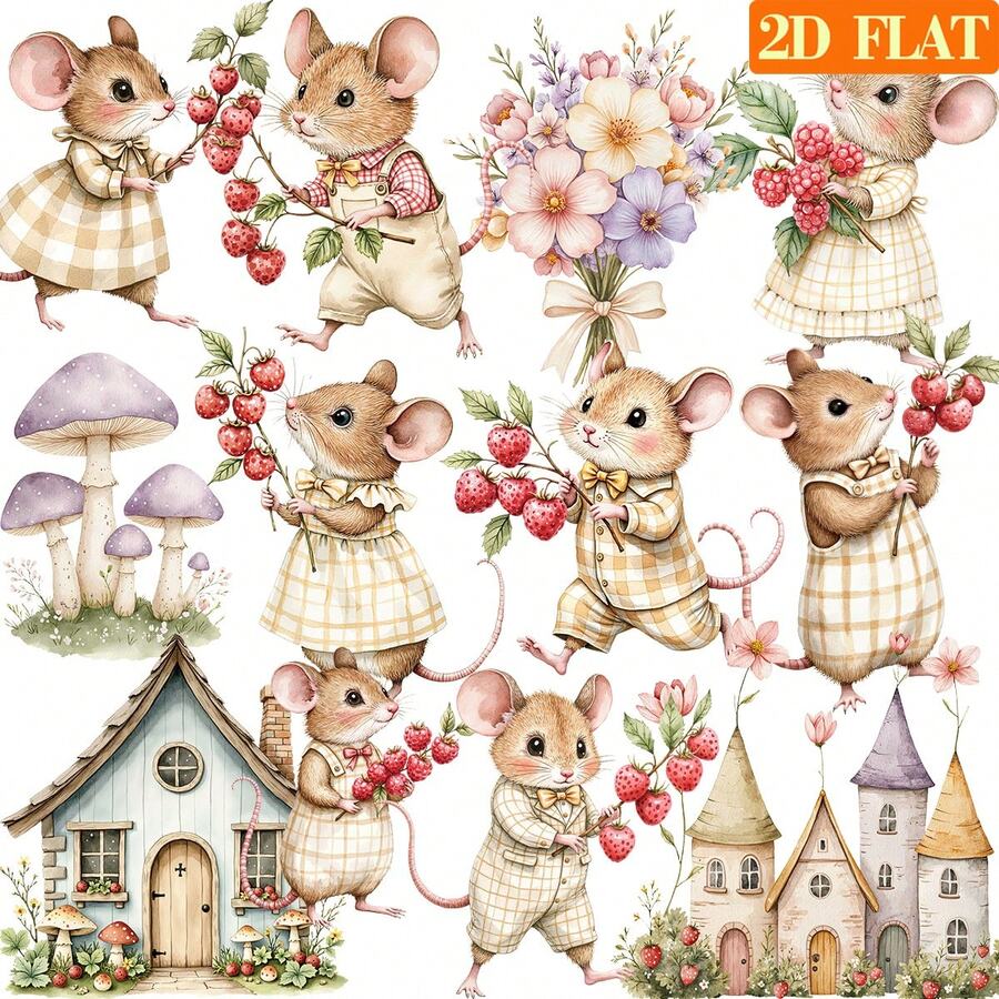 20张/套 手工复古黄色格子图案，老鼠采摘草莓 2D 平面防水贴纸，适用于剪贴簿、笔记本、日记本、剪贴簿装饰 DIY - 杏色 - 查看 1