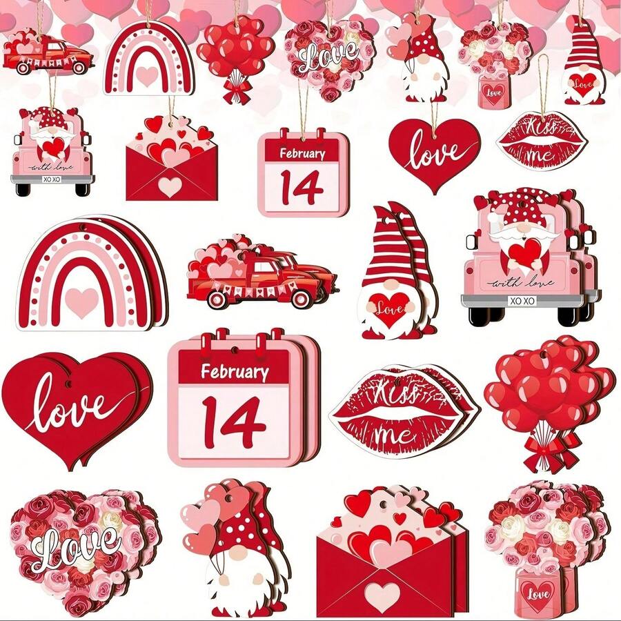 12 Handmade Wooden Valentine's Day Decorations - The Perfect Gift For Couples, Rustic-Style Love-Themed Tree Ornaments, Wall And Door Decorations, Festive Wooden Hanging Ornaments With String (No Batteries Required). - 12件 - 查看 1
